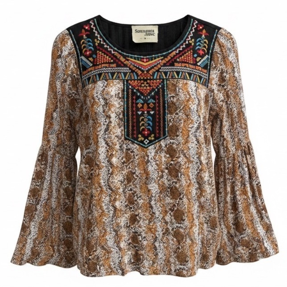 Savanna Jane Embroidered Snakeskin Boho Bell Sleeve Blouse Top Brown Tan Medium